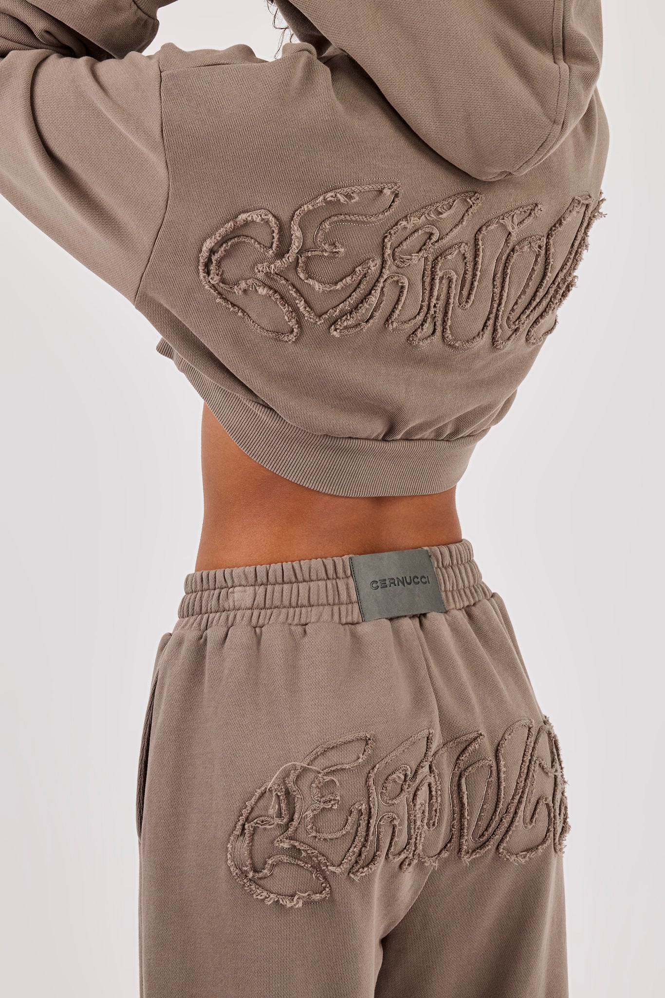 Washed Applique Super Crop Hoodie - Grey
