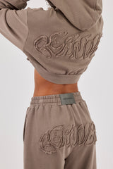 Washed Applique Super Crop Hoodie - Grey