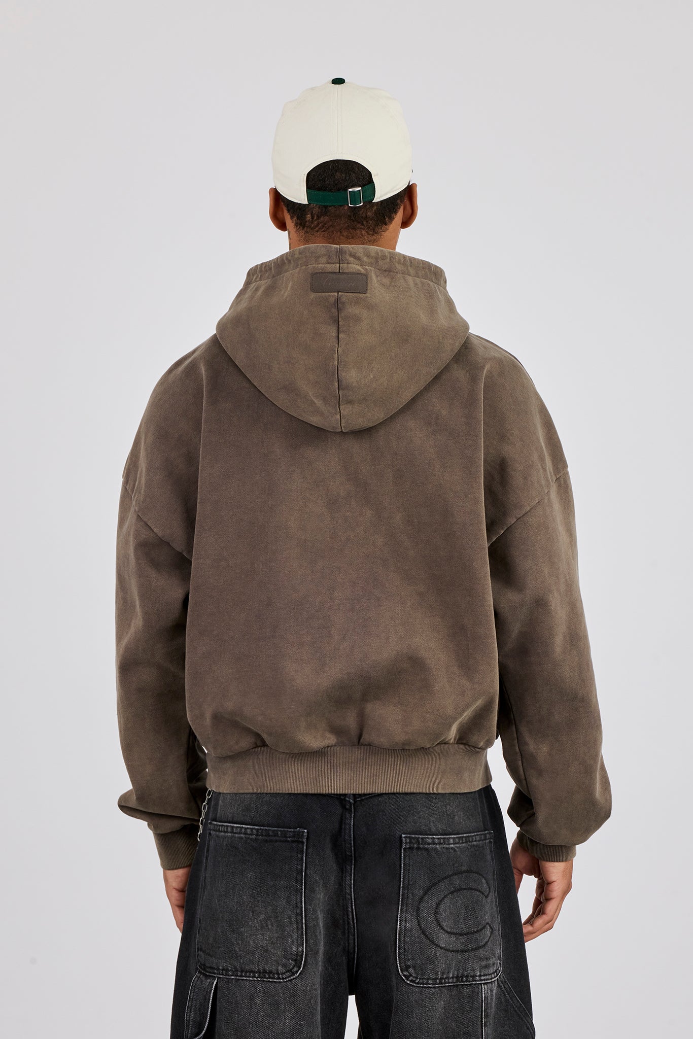 Washed Zip Through Hoodie - Brown