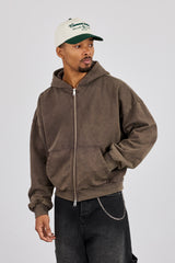 Washed Zip Through Hoodie - Brown