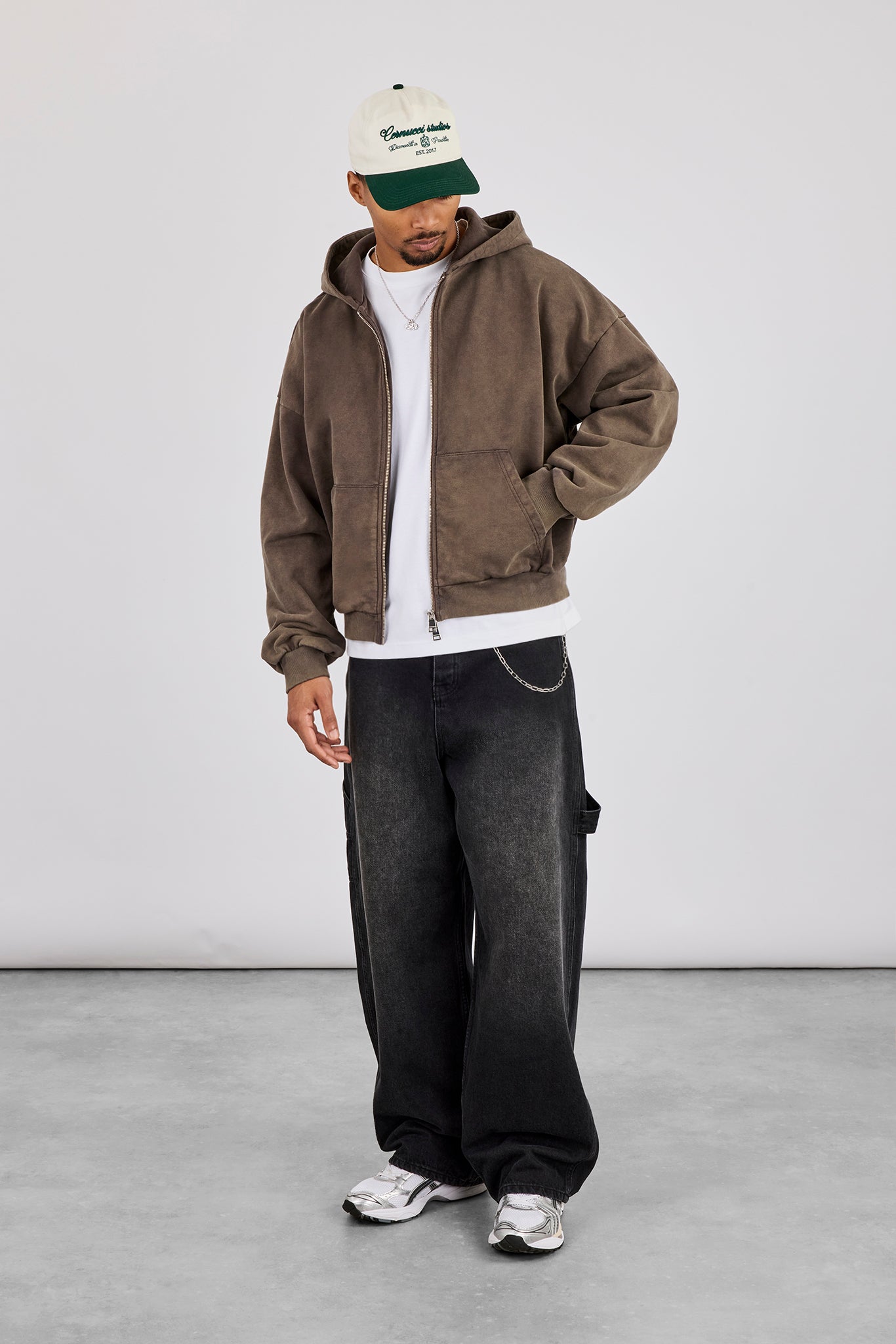 Washed Zip Through Hoodie - Brown