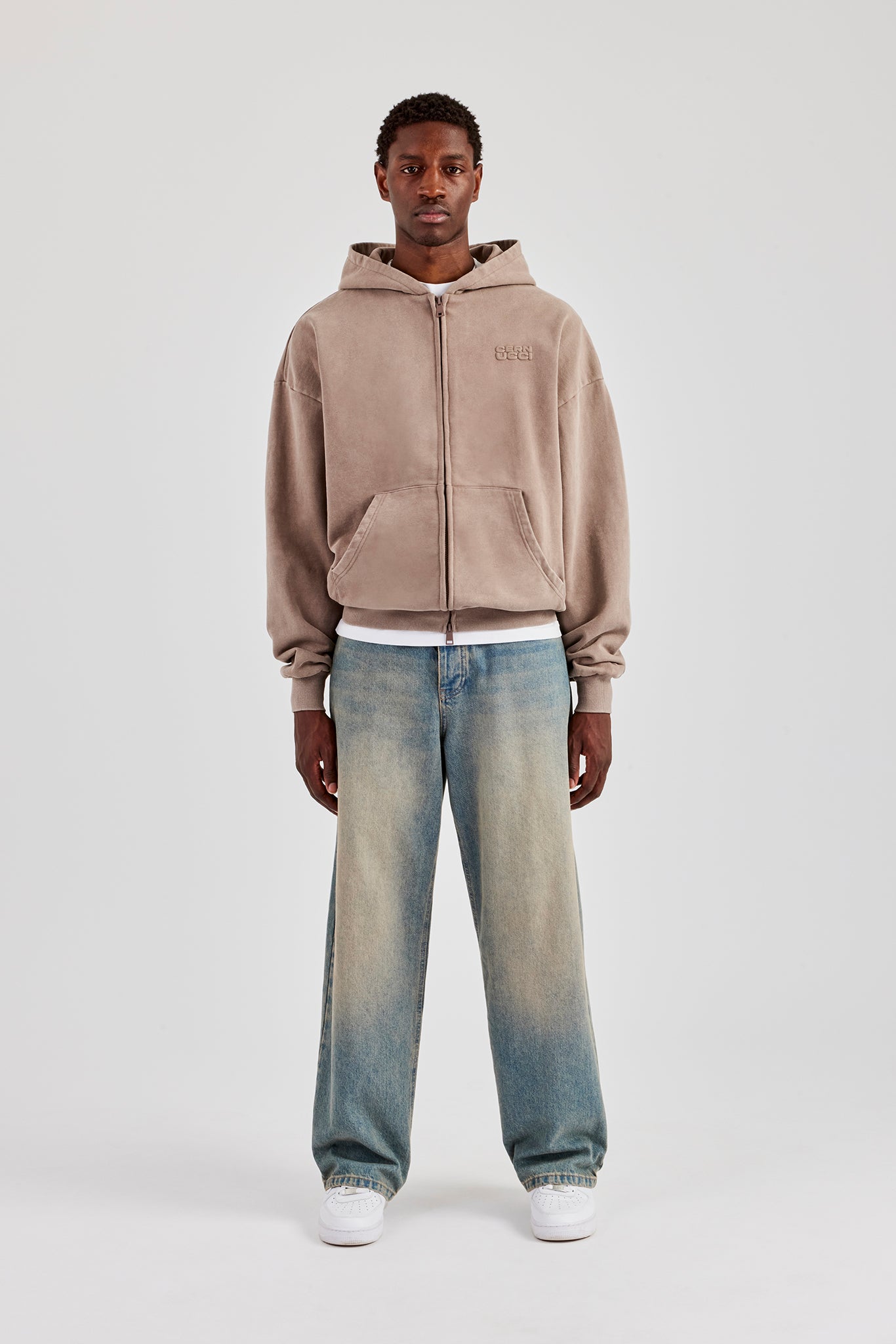 Verwaschener Kapuzenpullover mit durchgehendem Reißverschluss - Taupe