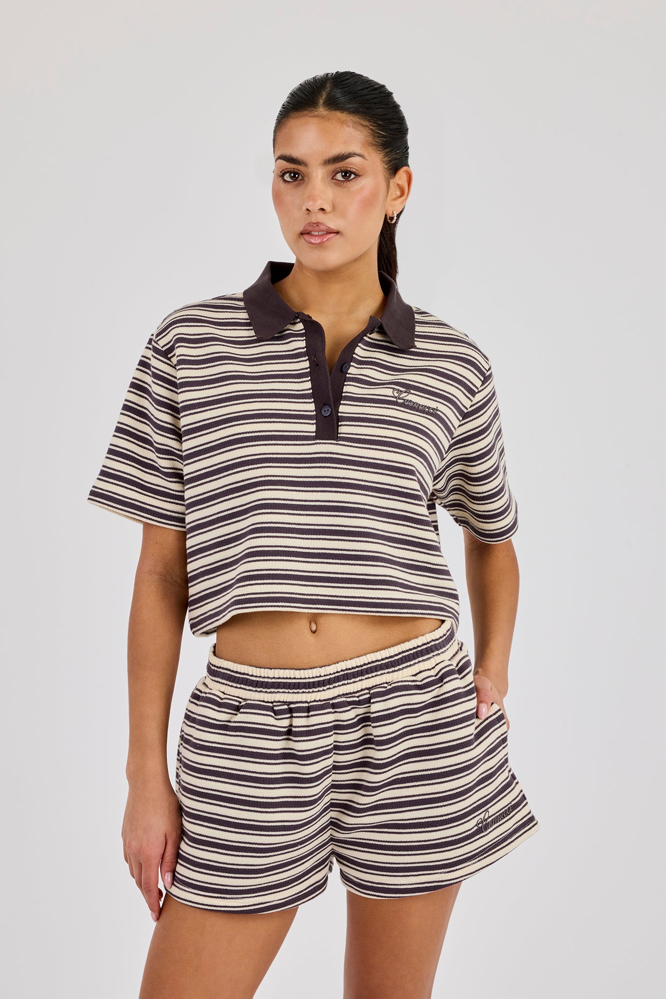 Textured Stripe Short Sleeve Polo - Brown