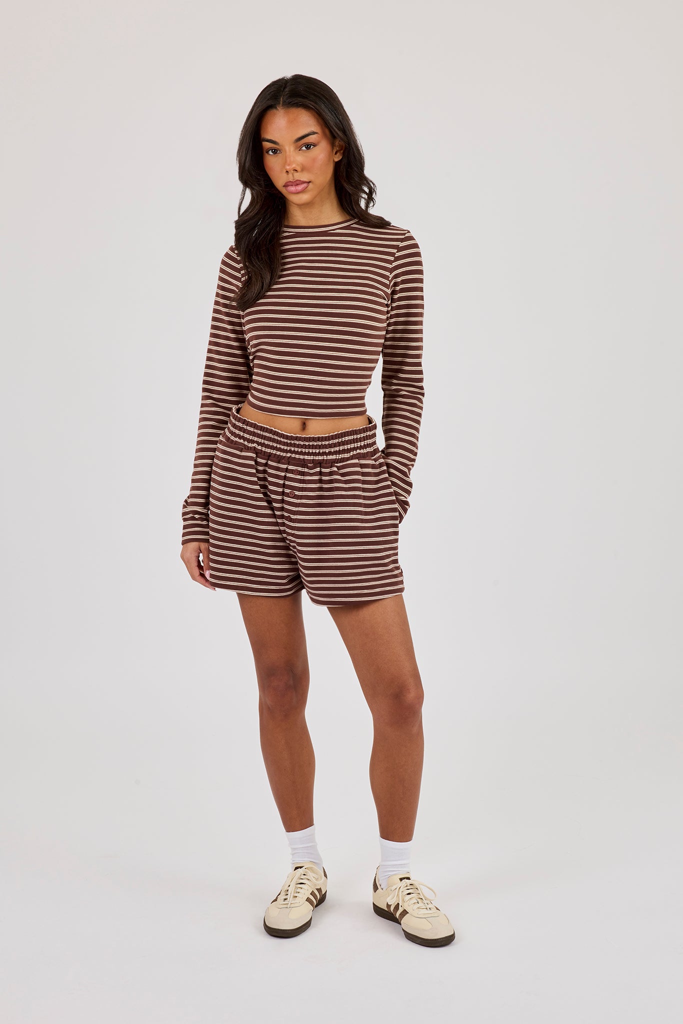 Soft Touch Double Stripe Long Sleeve Top & Short - Chocolate