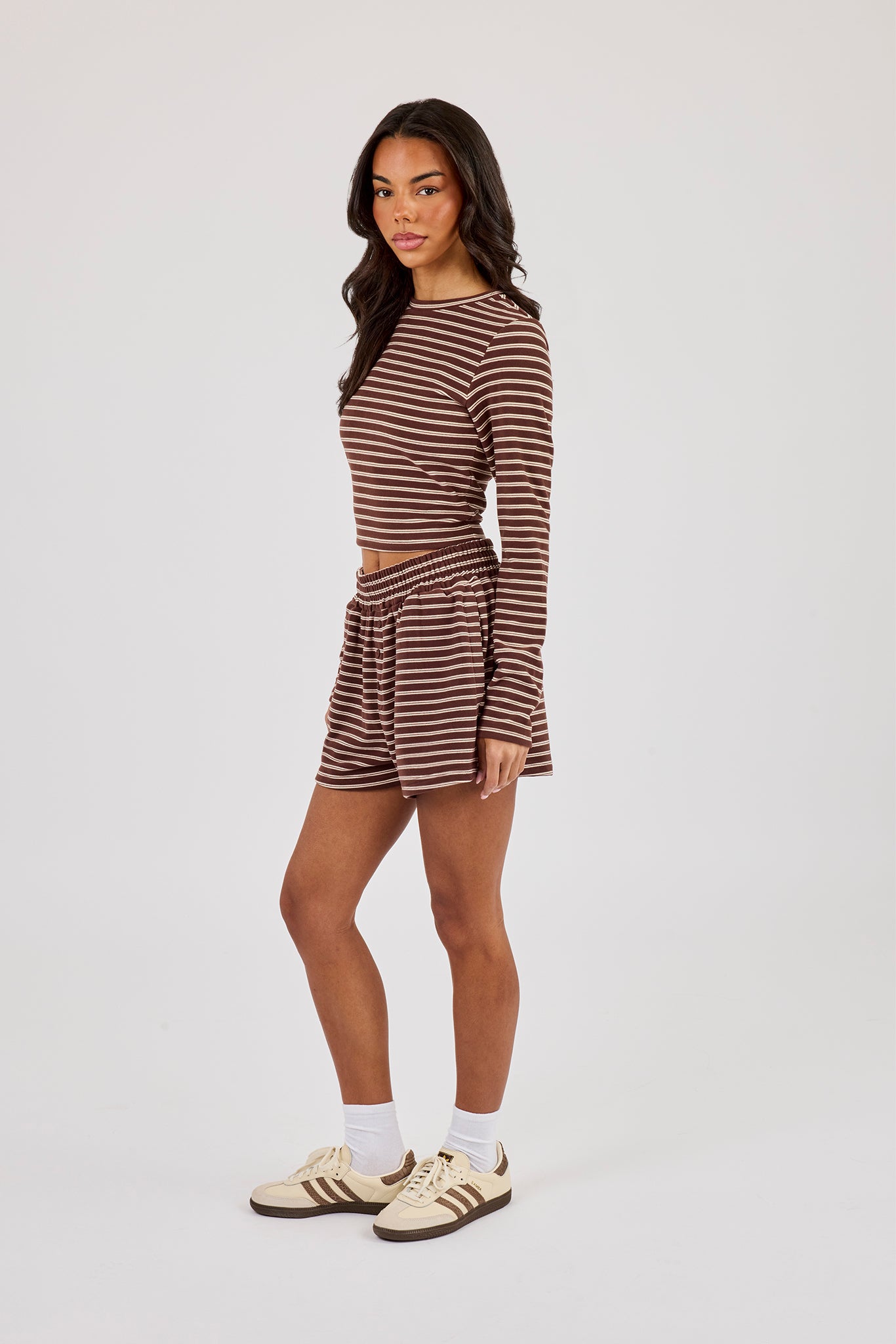 Soft Touch Double Stripe Long Sleeve Top & Short - Chocolate