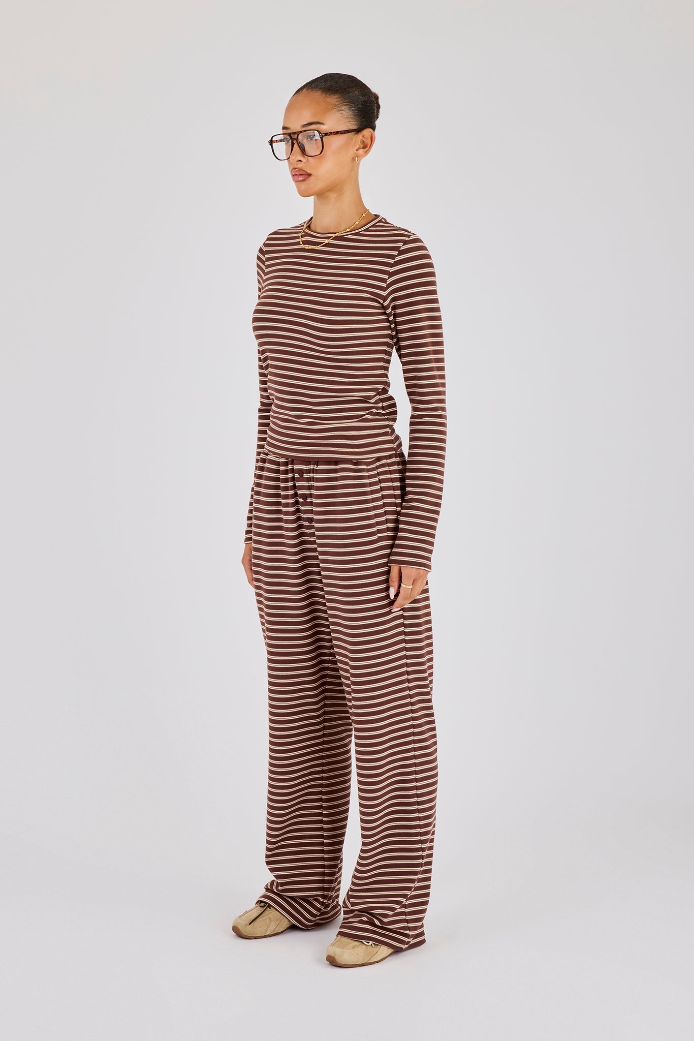 Soft Touch Double Stripe Long Sleeve Top & Wide Leg Trouser - Chocolate