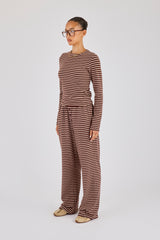 Soft Touch Double Stripe Long Sleeve Top & Wide Leg Trouser - Chocolate