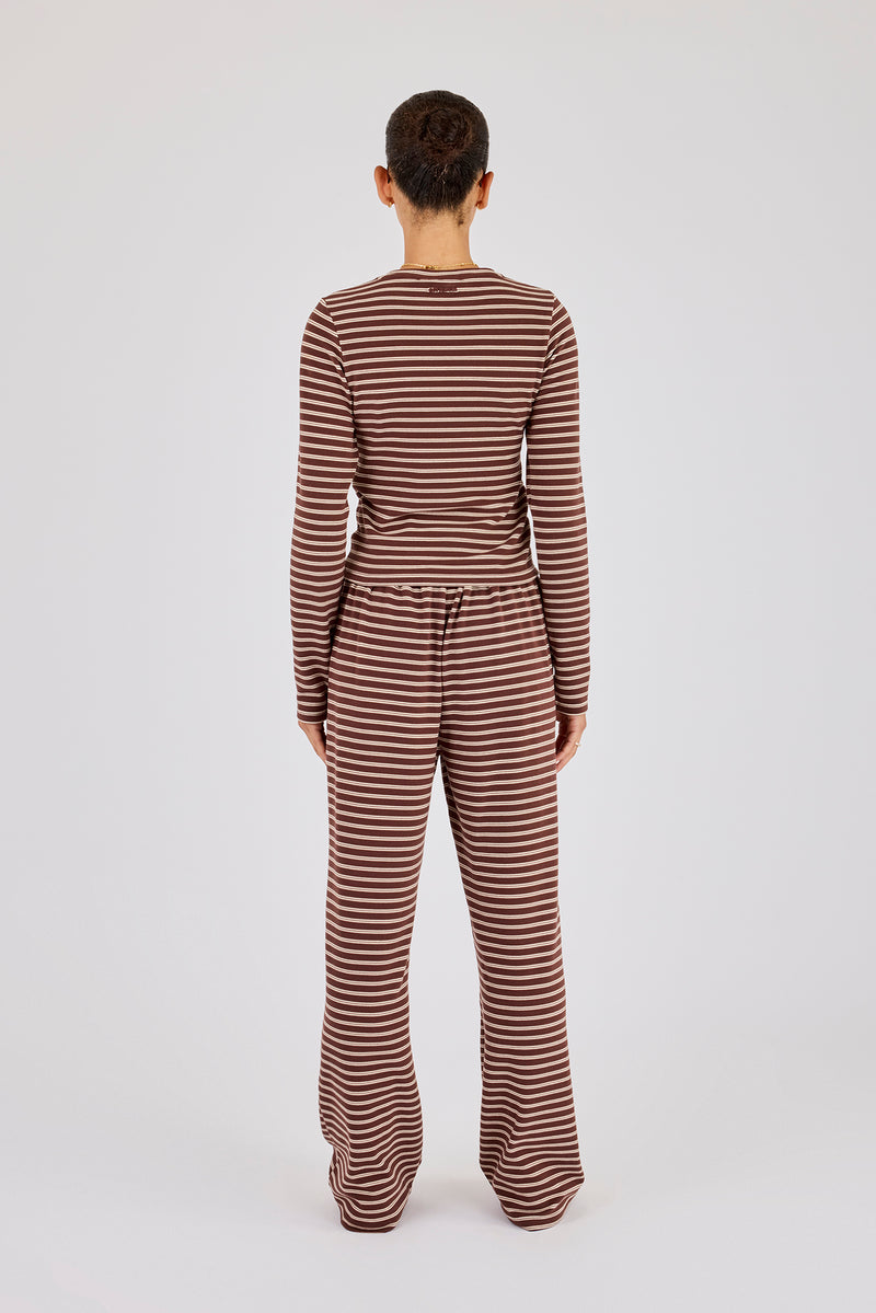 Soft Touch Double Stripe Long Sleeve Top & Wide Leg Trouser - Chocolate