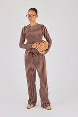 Soft Touch Double Stripe Long Sleeve Top & Wide Leg Trouser - Chocolate