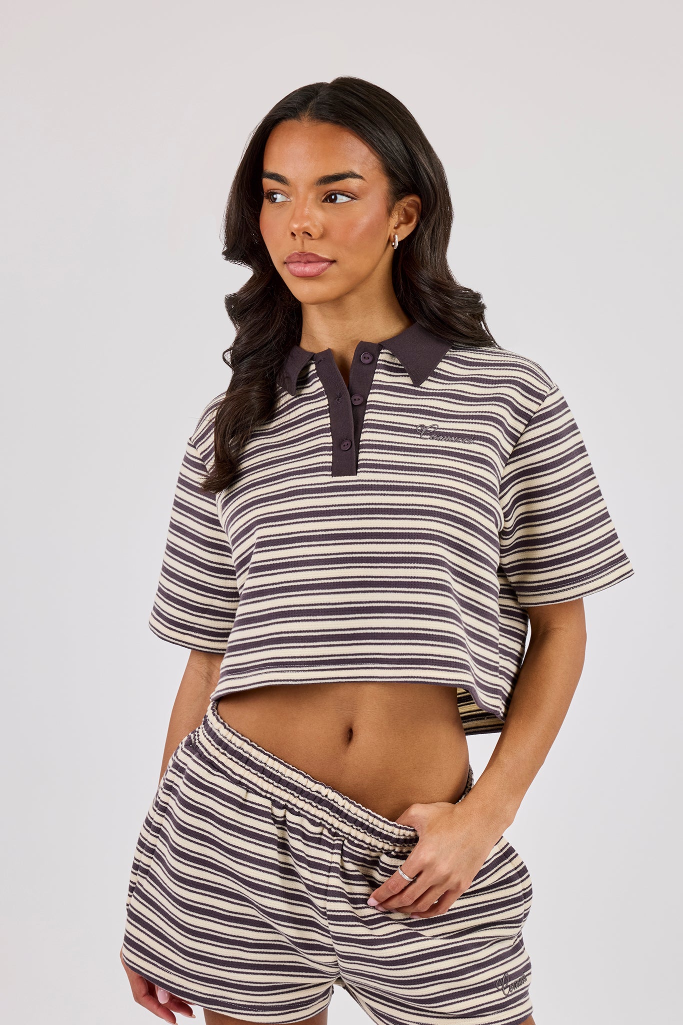 Textured Stripe Short Sleeve Polo - Brown