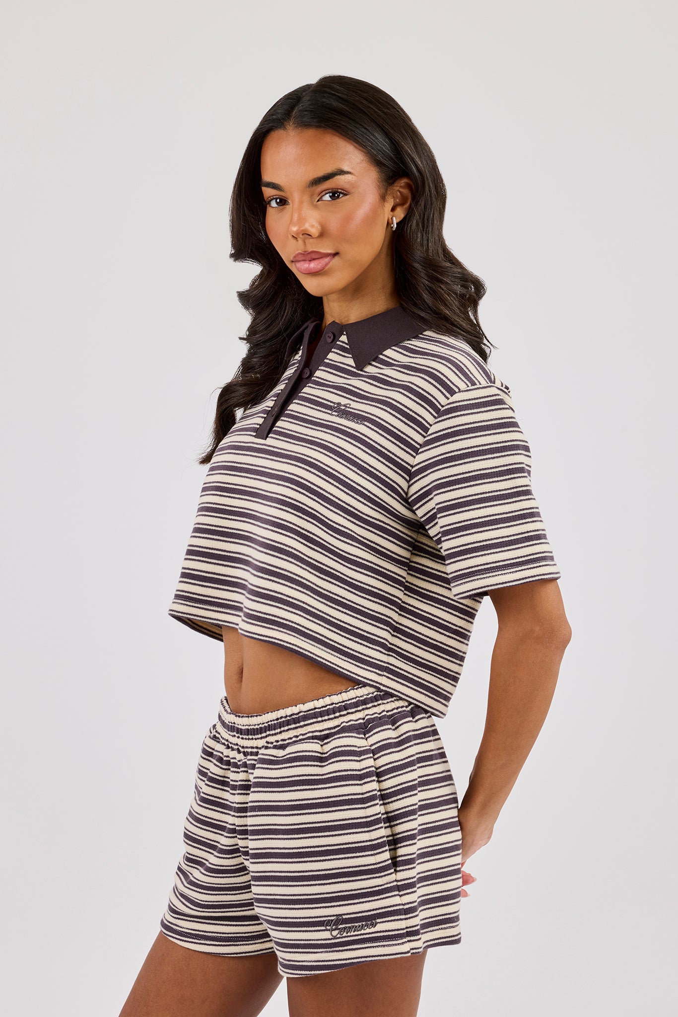 Textured Stripe Short Sleeve Polo - Brown