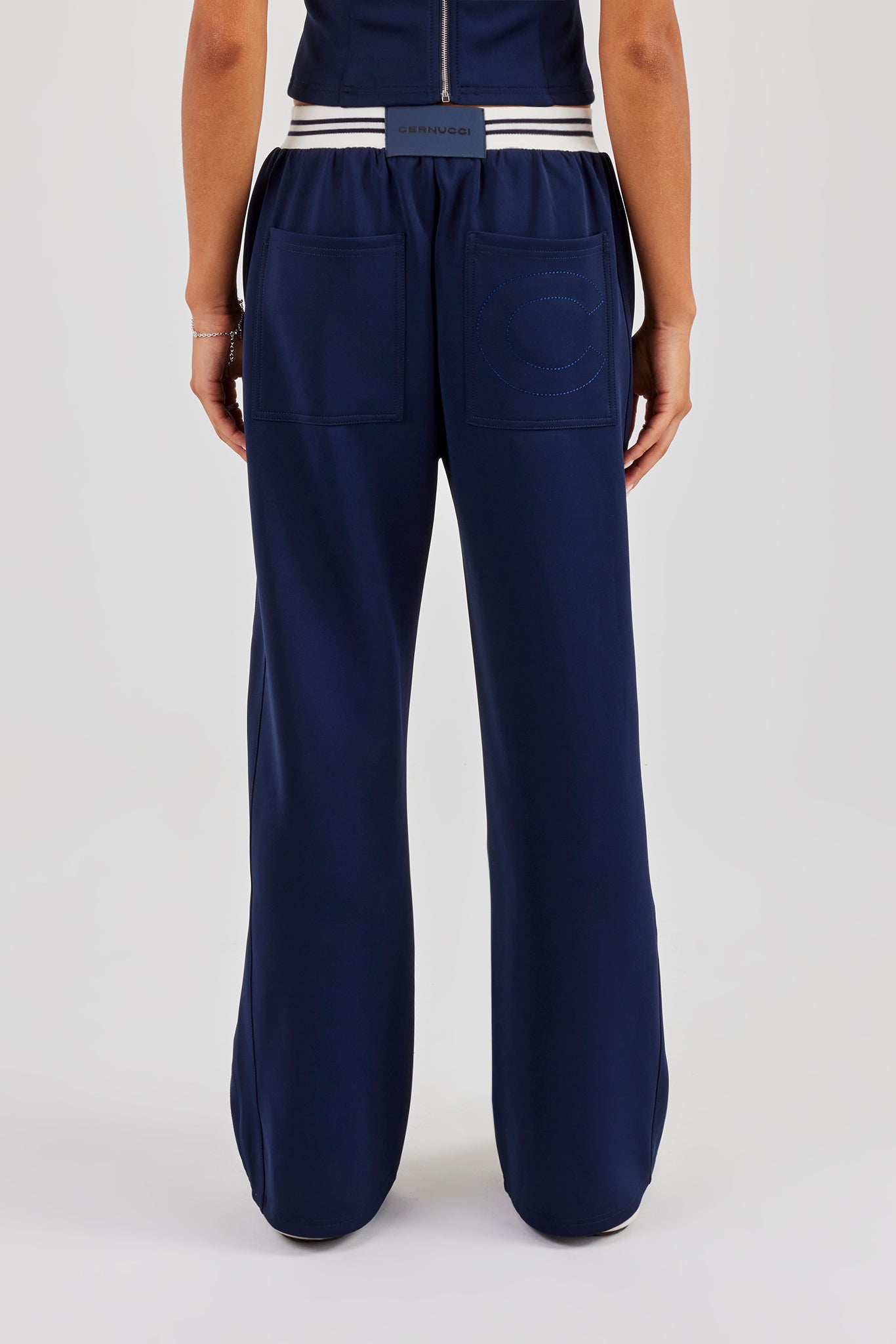 Contrast Waist Wide Leg Trouser - Navy Blue