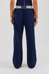 Contrast Waist Wide Leg Trouser - Navy Blue