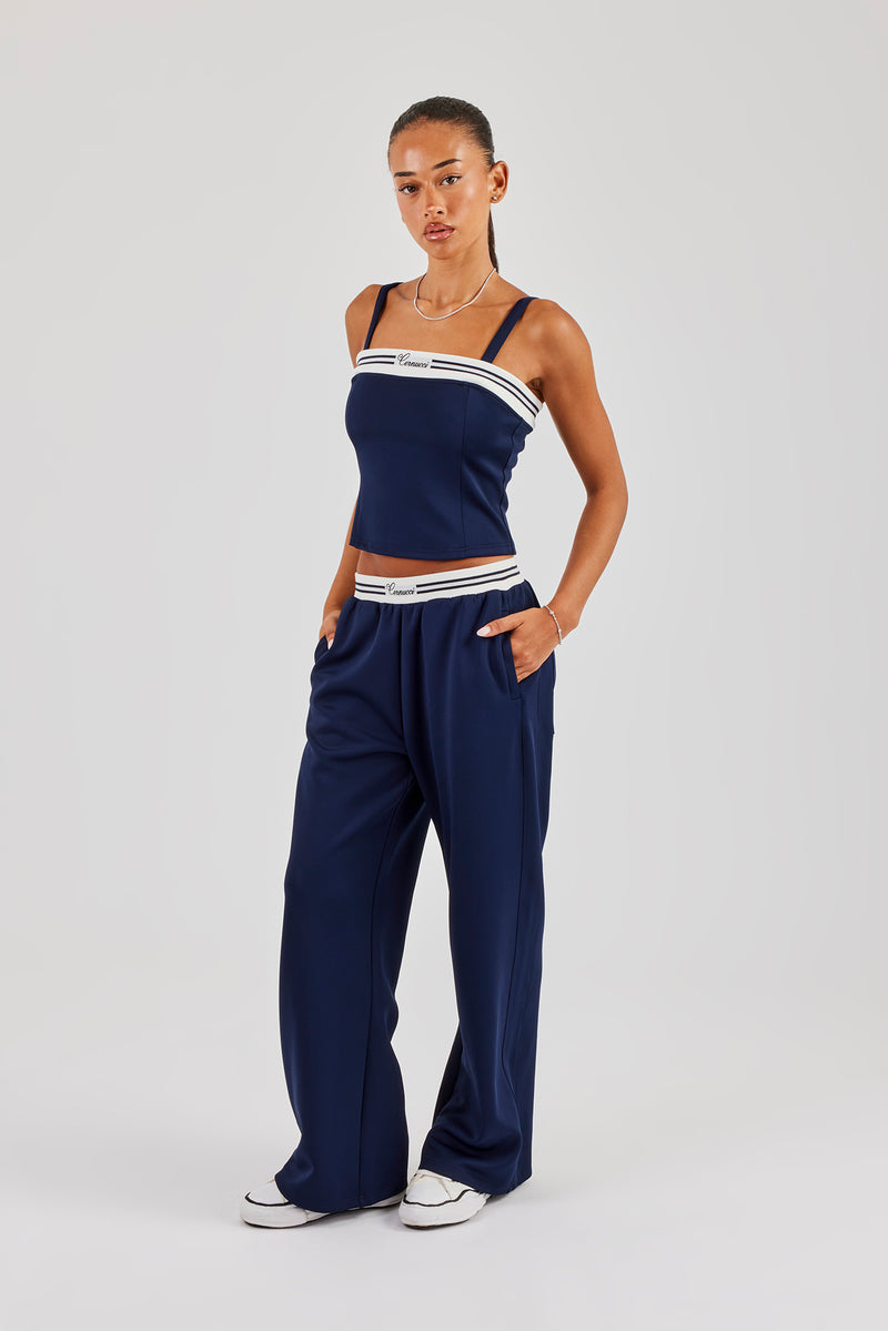 Strukturiertes Oberteil und Hose mit weitem Bein – Marineblau