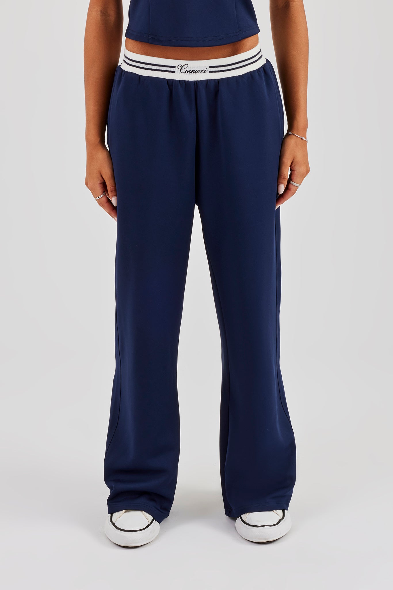 Contrast Waist Wide Leg Trouser - Navy Blue