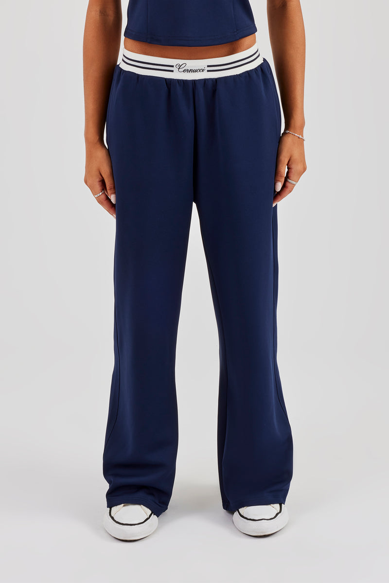 Contrast Waist Wide Leg Trouser - Navy Blue