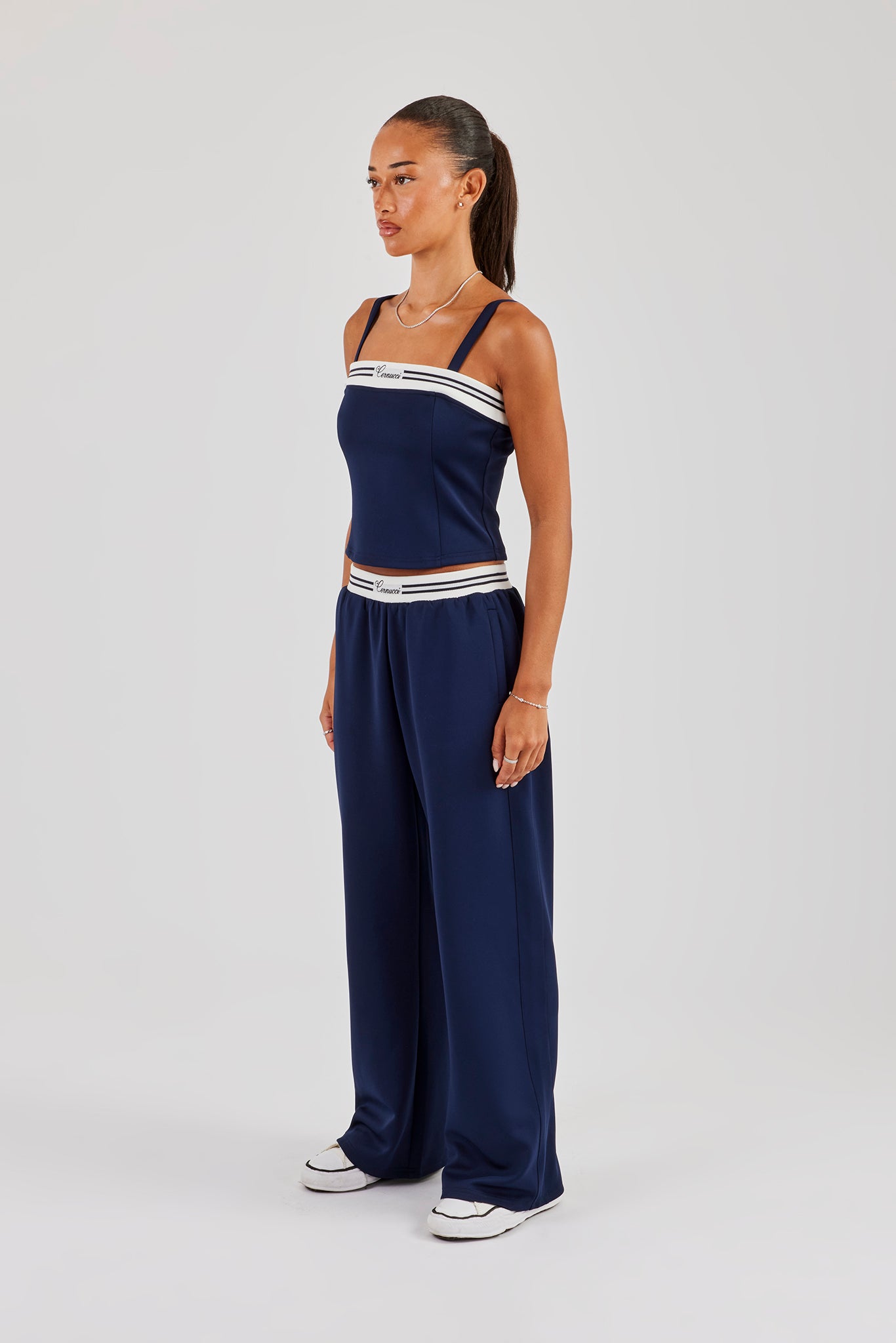 Strukturiertes Oberteil und Hose mit weitem Bein – Marineblau