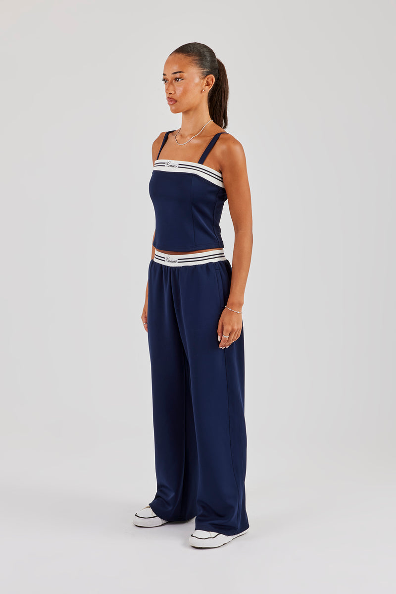 Strukturiertes Oberteil und Hose mit weitem Bein – Marineblau