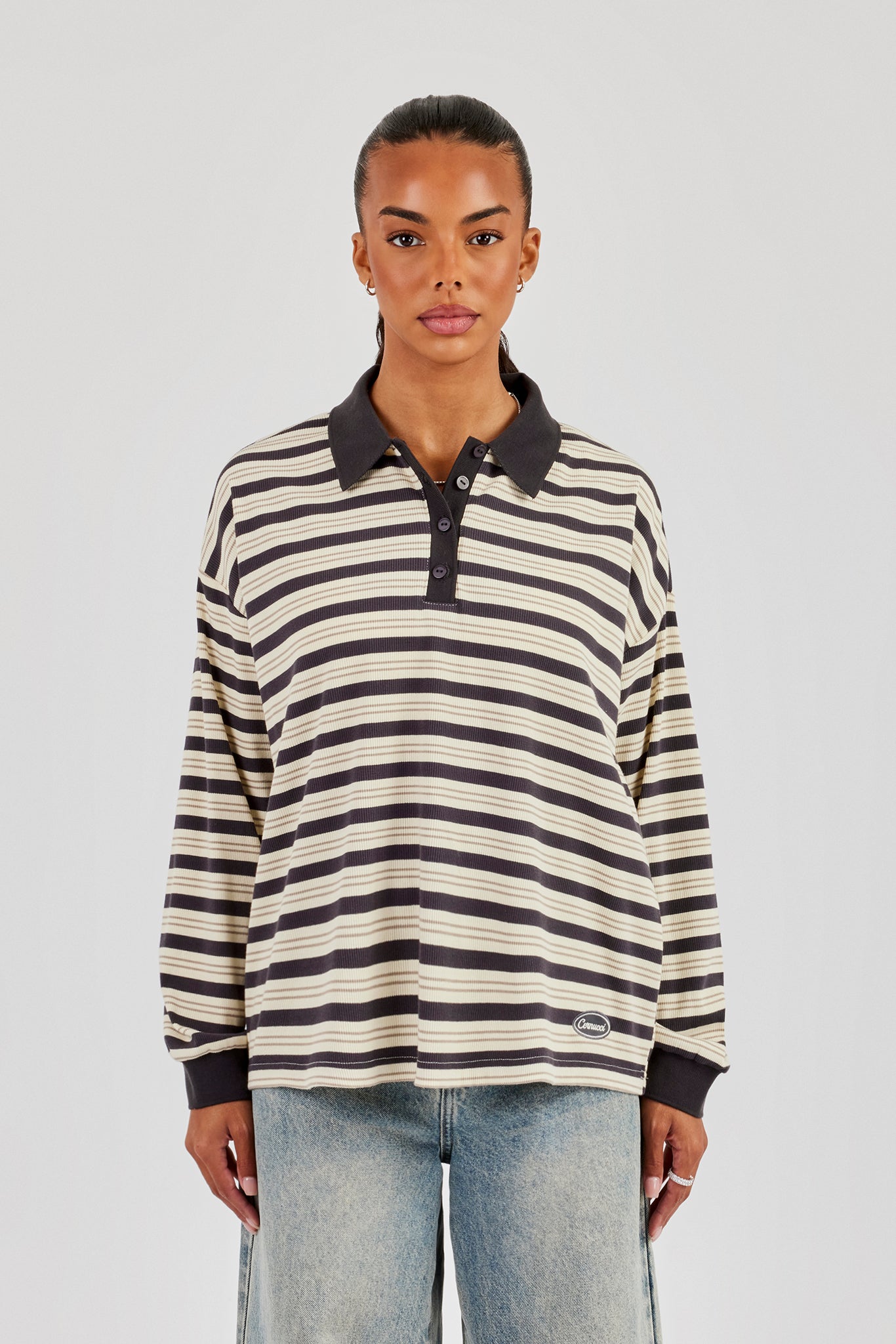 Oversized Textured Stripe Polo Top - Grey | Womens Tees & Vests
