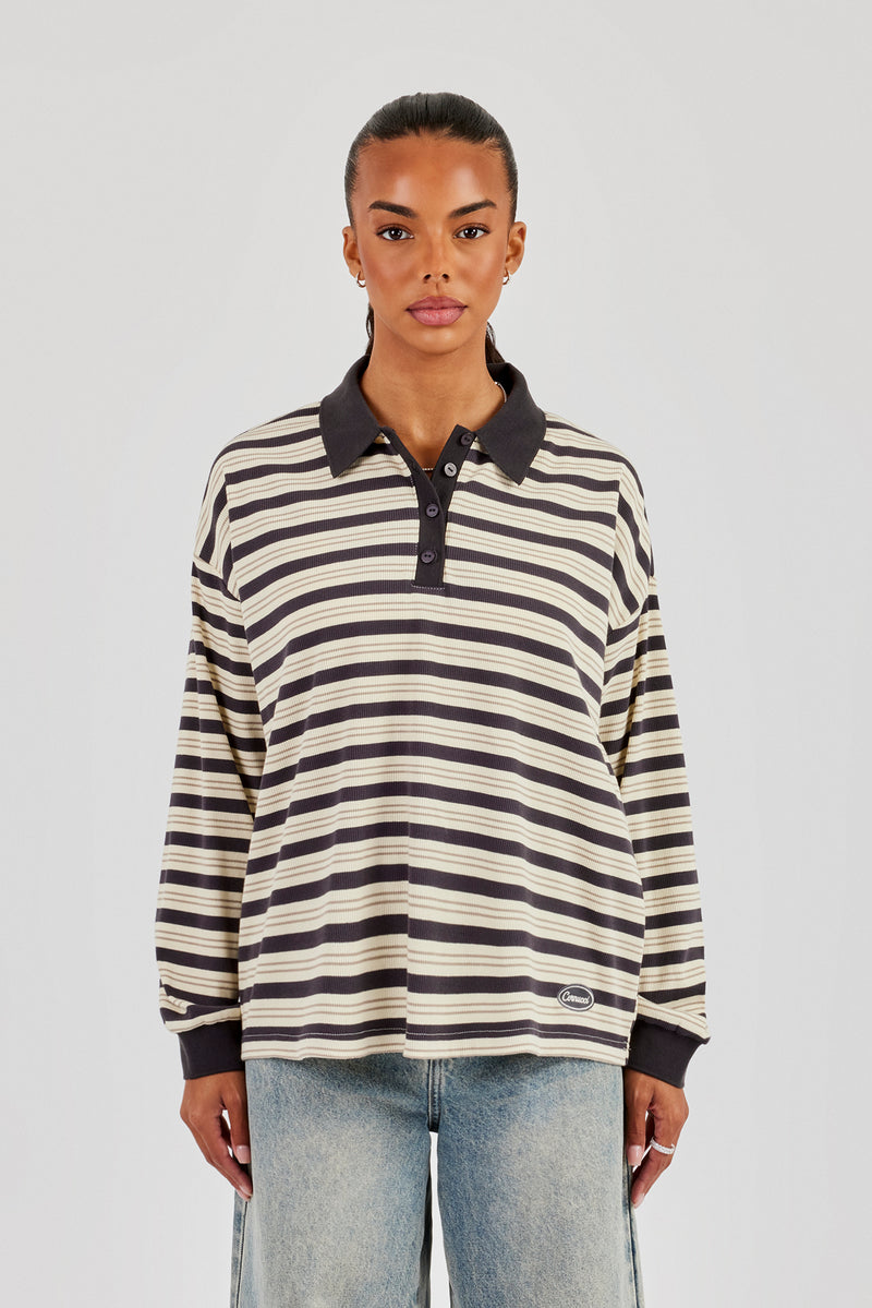 Oversized Textured Stripe Polo Top - Grey