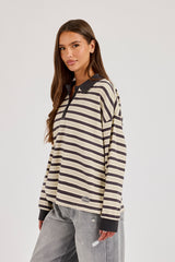 Oversized Textured Stripe Polo Top - Grey