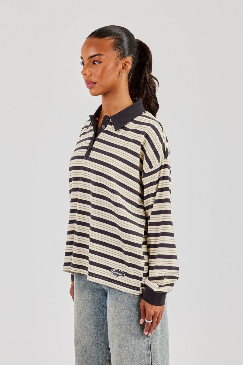 Oversized Textured Stripe Polo Top - Grey