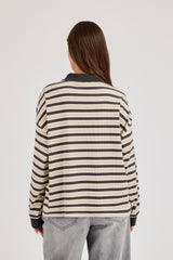 Oversized Textured Stripe Polo Top - Grey