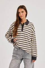 Oversized Textured Stripe Polo Top - Grey