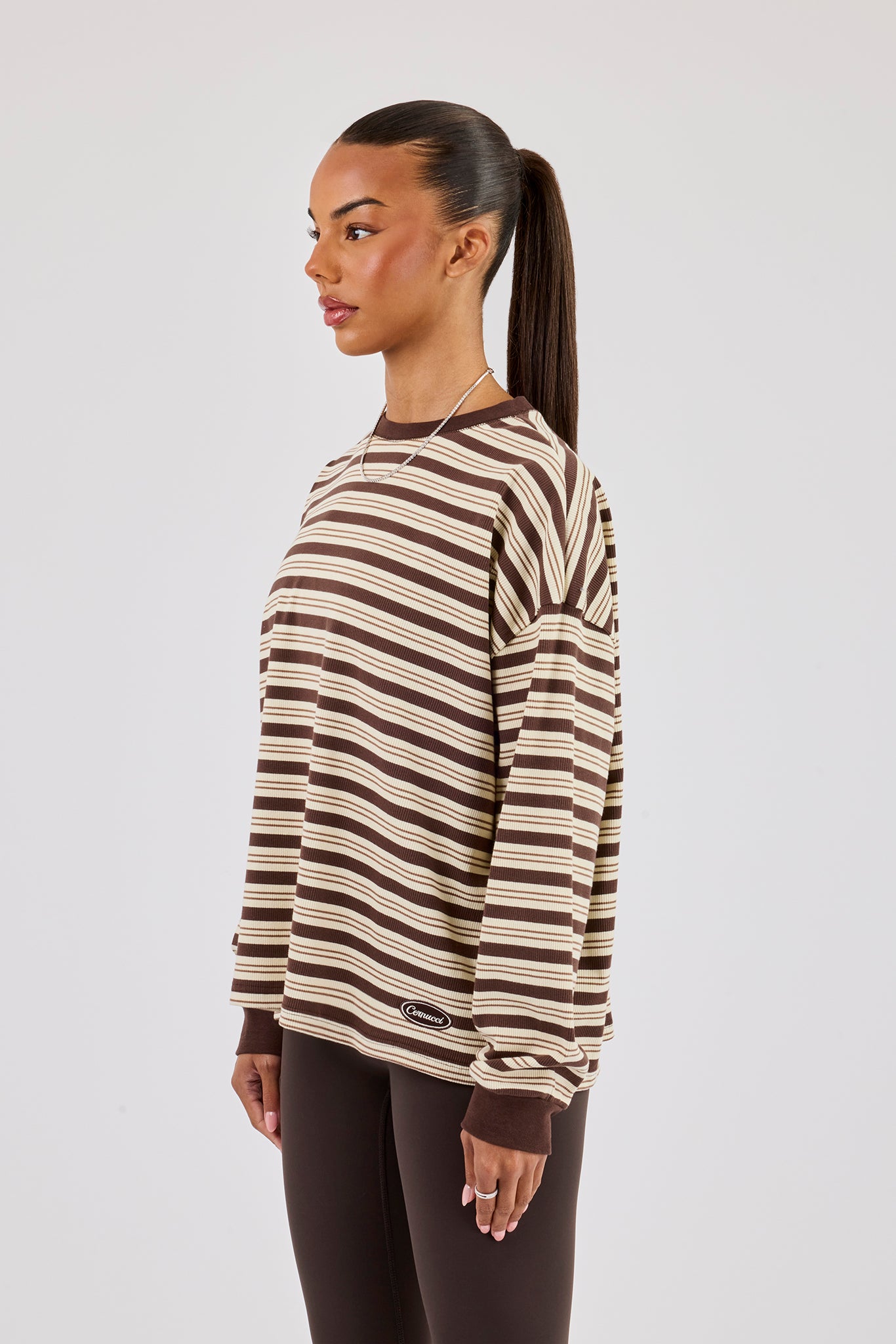 Oversized Stripe Long Sleeve Top - Brown | Womens Tees & Vests