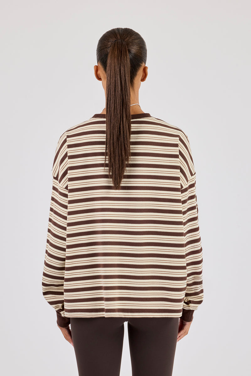 Oversized Stripe Long Sleeve Top - Brown