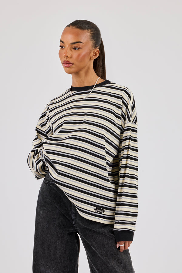 Oversized Stripe Long Sleeve Top - Black
