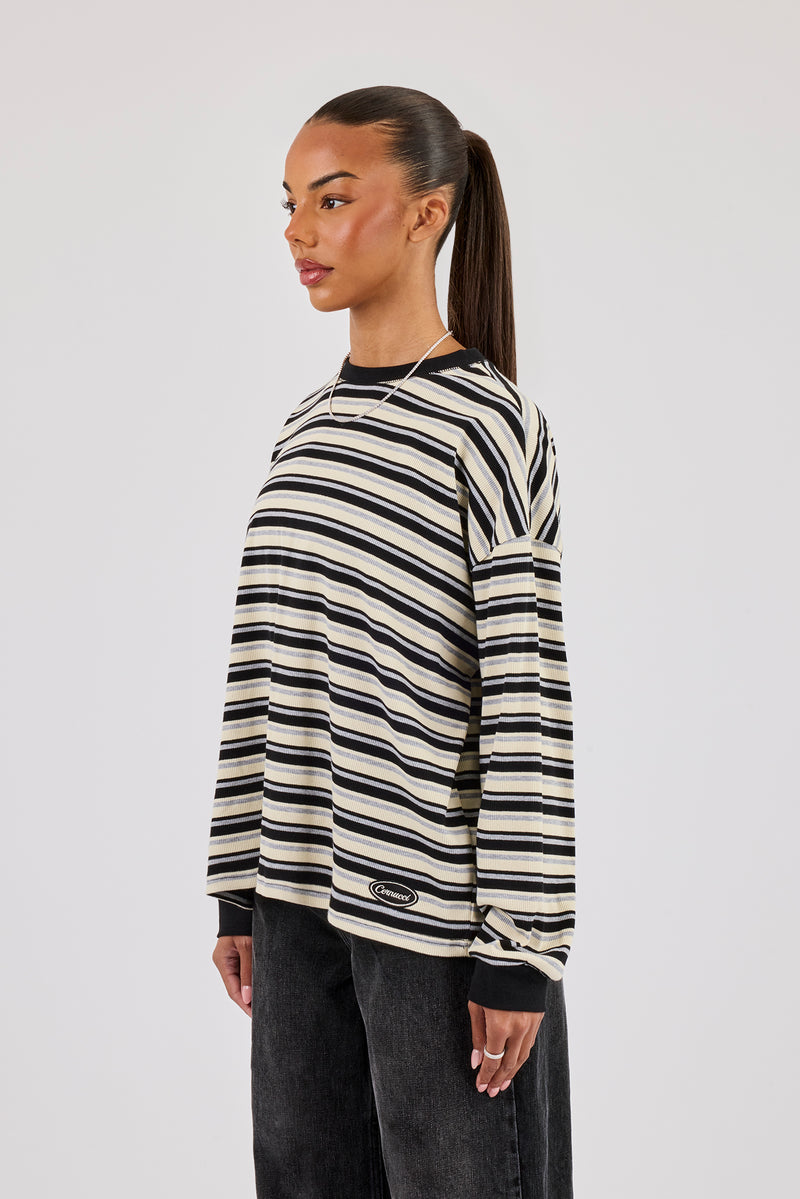 Oversized Stripe Long Sleeve Top - Black