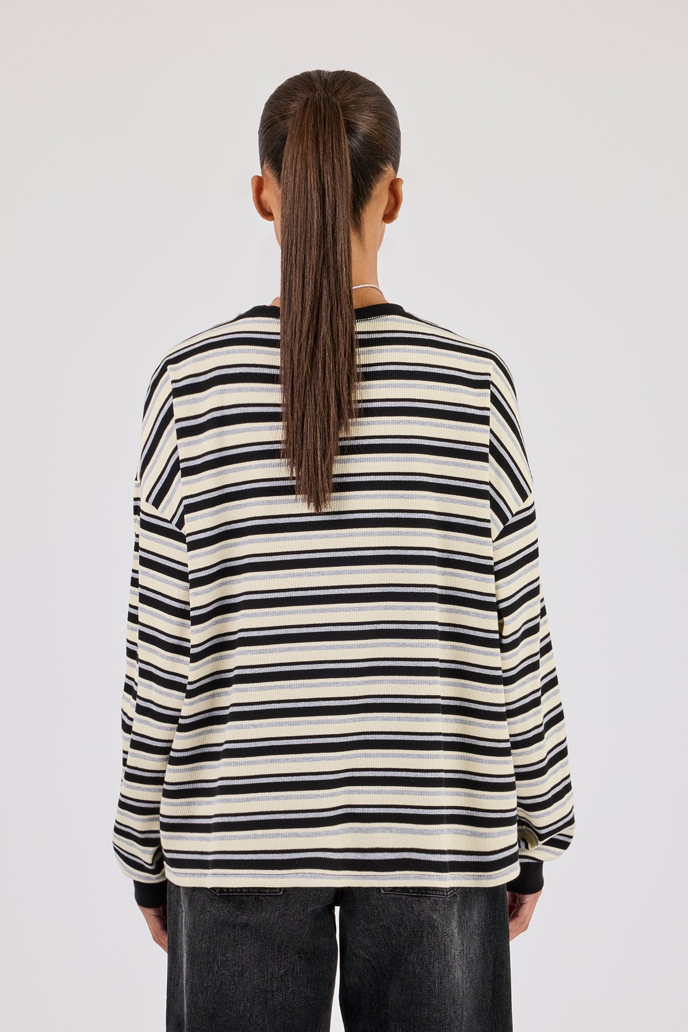 Oversized Stripe Long Sleeve Top - Black