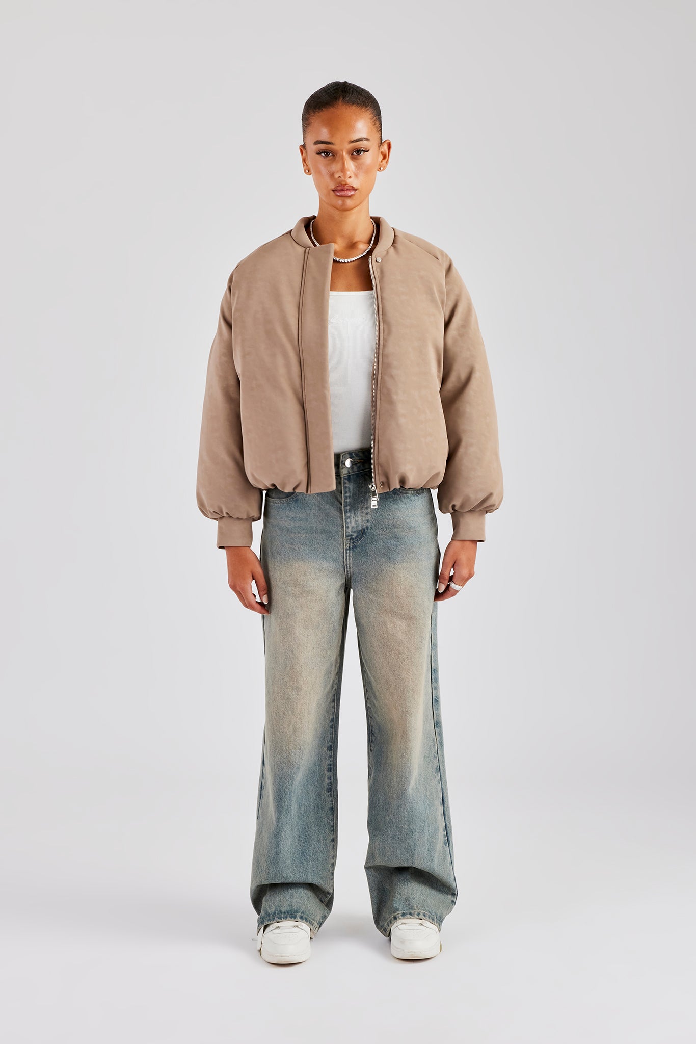 Cernucci Cropped PU Puffer Bomber Jacket - Taupe | Womens