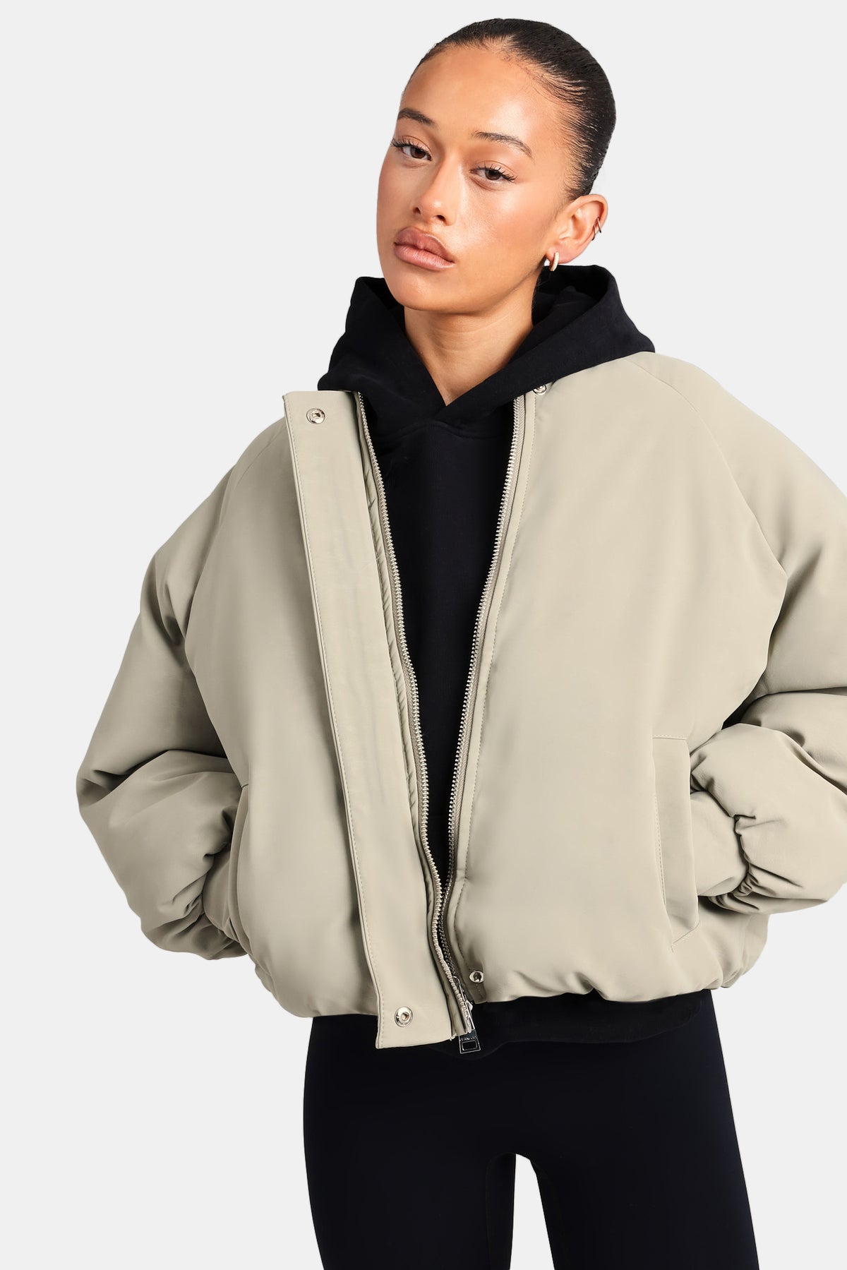 Cernucci Cropped PU Puffer Bomber Jacket Sage Womens Outerwear