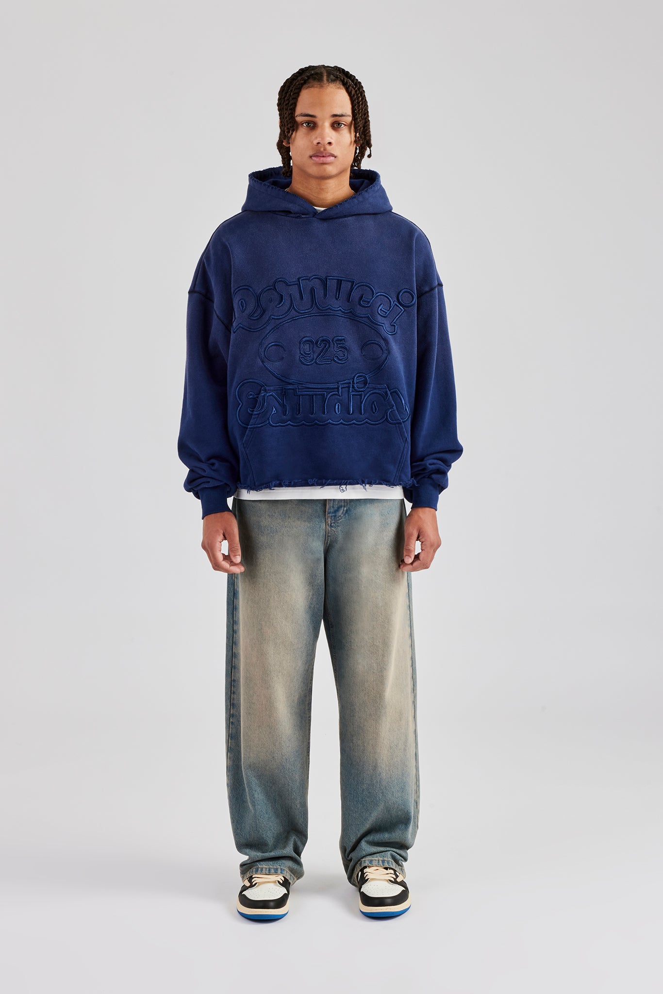 Washed Embroidered Boxy Hoodie - Navy Blue | Mens Hoodies & Sweats