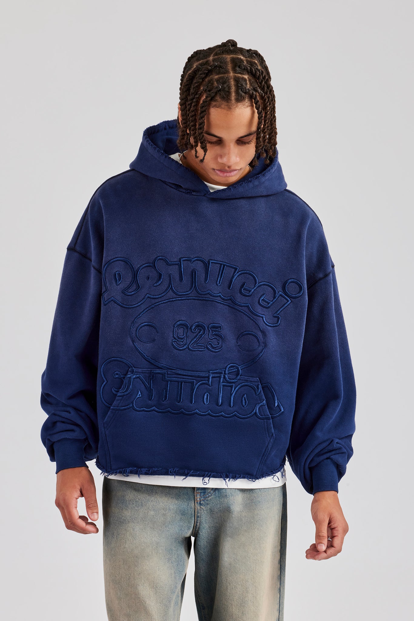 Washed Embroidered Boxy Hoodie - Navy Blue | Mens Hoodies & Sweats ...