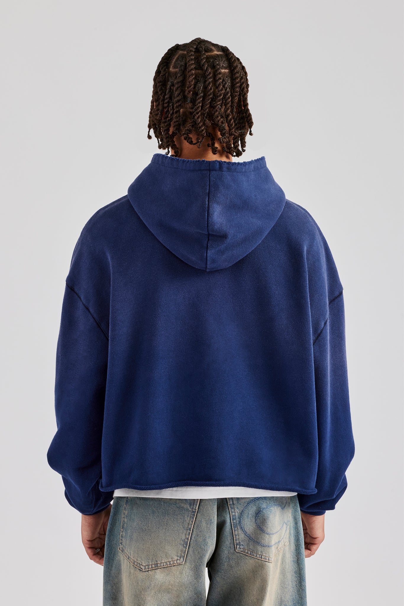Washed Embroidered Boxy Hoodie - Navy Blue | Mens Hoodies & Sweats