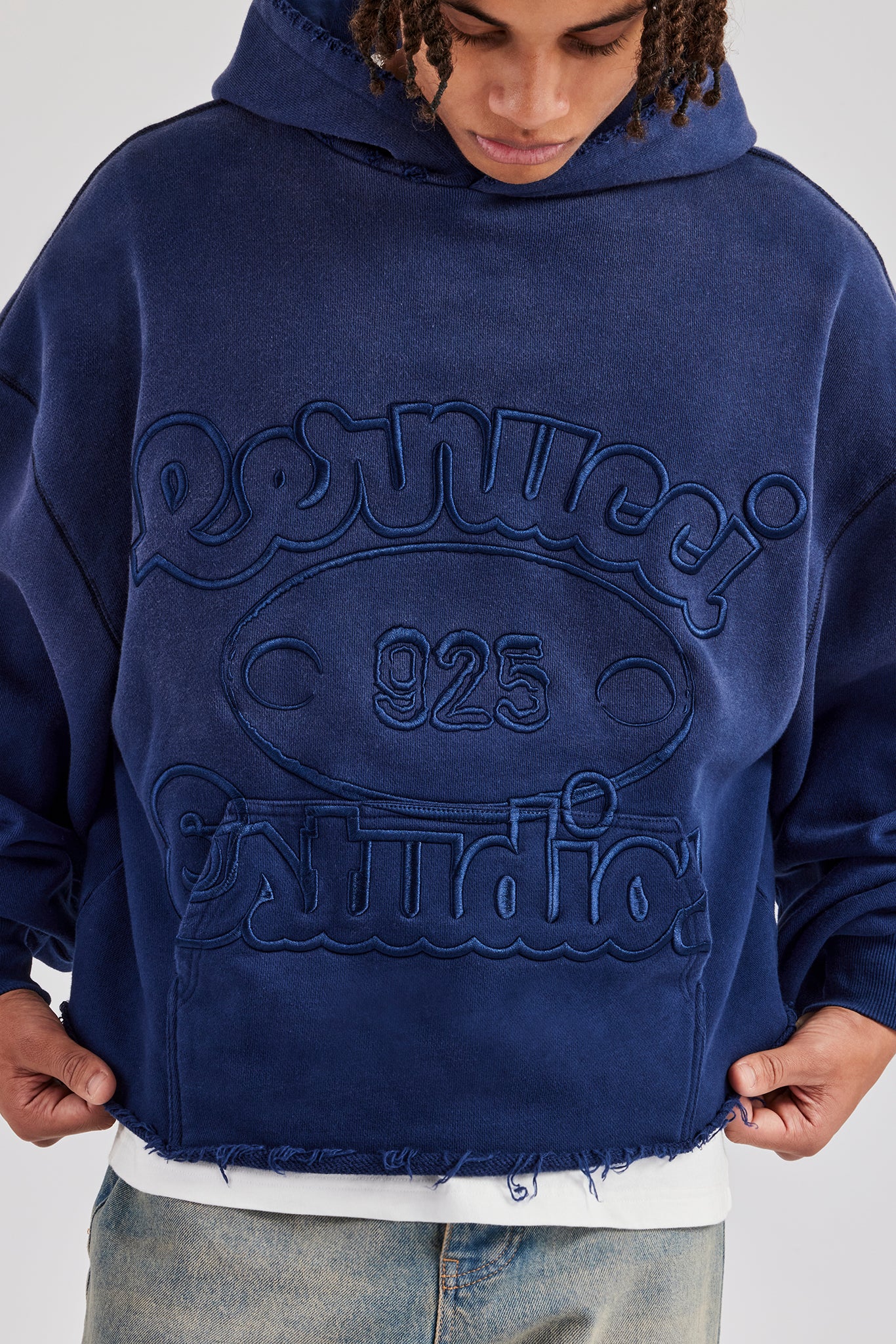 Washed Embroidered Boxy Hoodie - Navy Blue | Mens Hoodies & Sweats