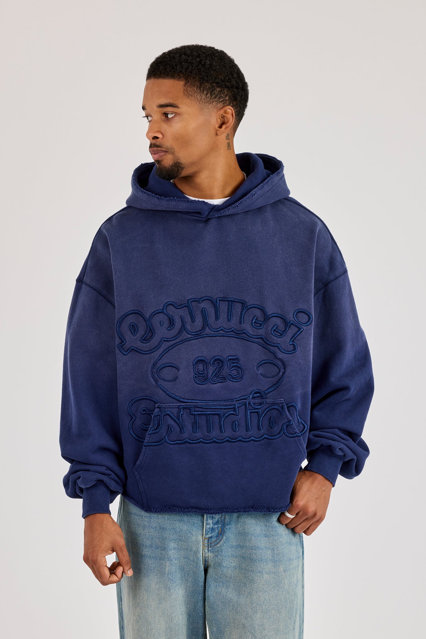 Washed Embroidered Boxy Hoodie - Navy Blue