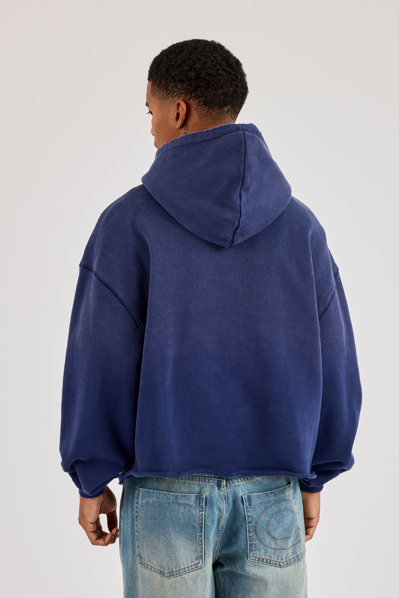 Verwaschener, bestickter, kastenförmiger Hoodie - Marineblau
