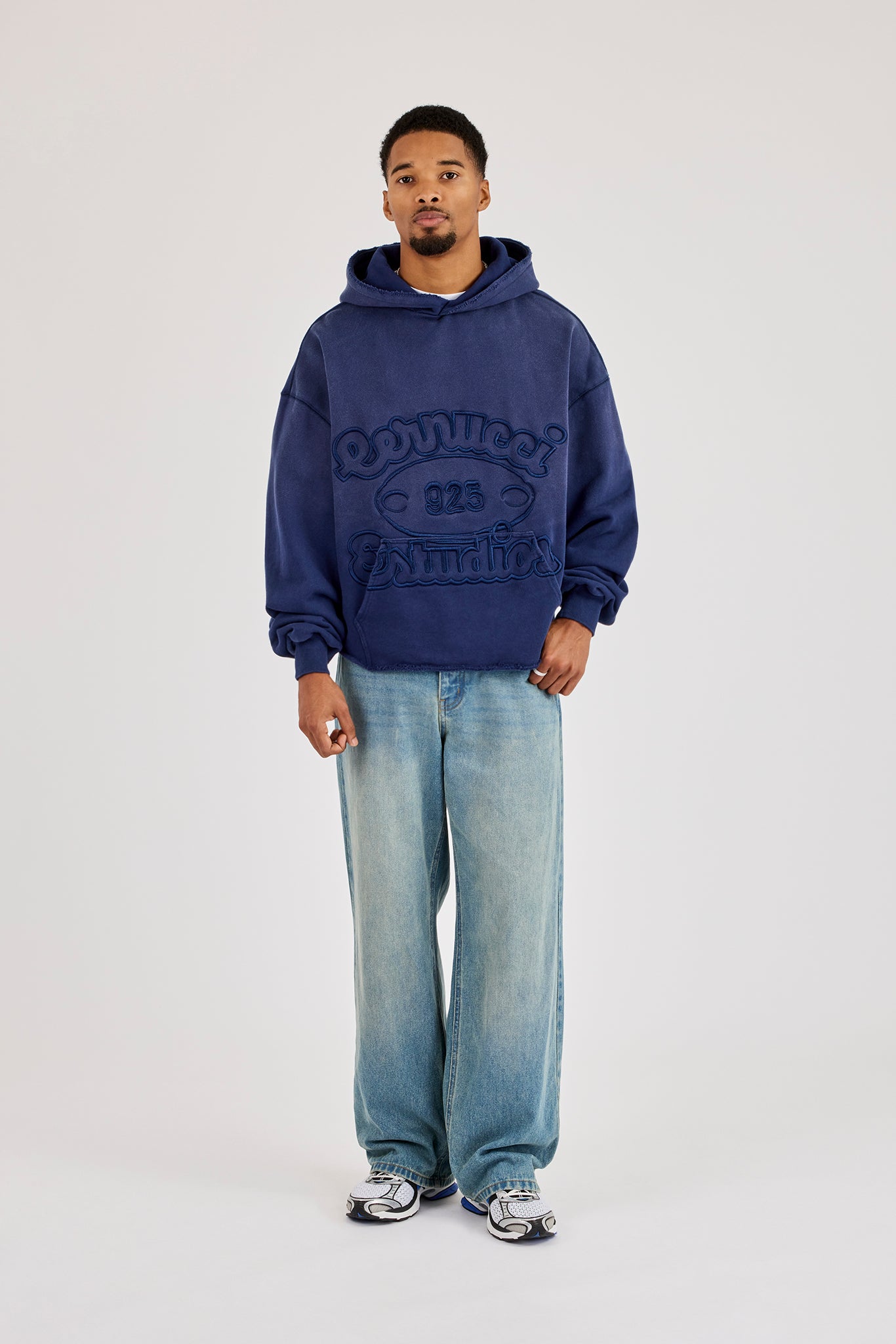 Washed Embroidered Boxy Hoodie - Navy Blue
