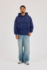 Verwaschener, bestickter, kastenförmiger Hoodie - Marineblau