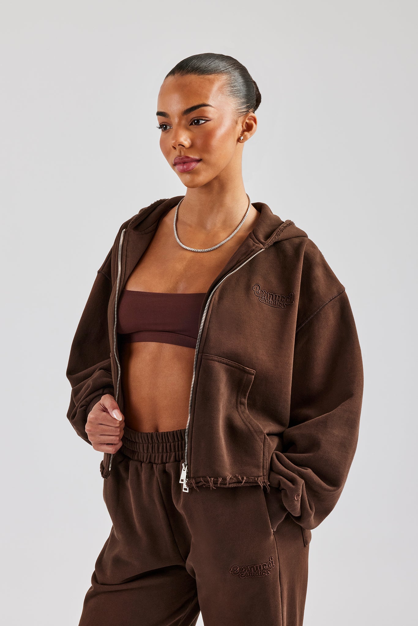 Raw Edge Boxy Fit Zip Through Hoodie - Chocolate