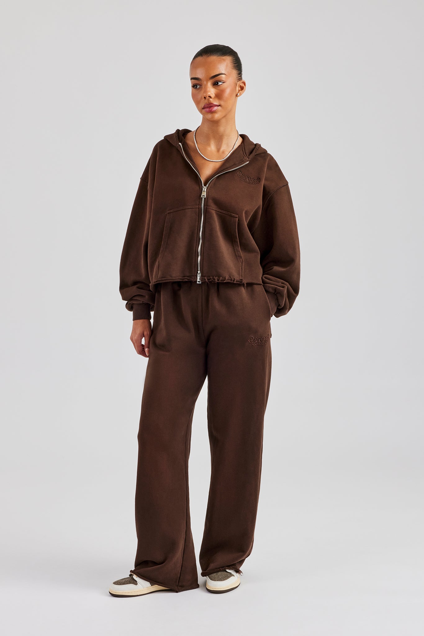 Raw Edge Boxy Fit Zip Through Hoodie - Chocolate
