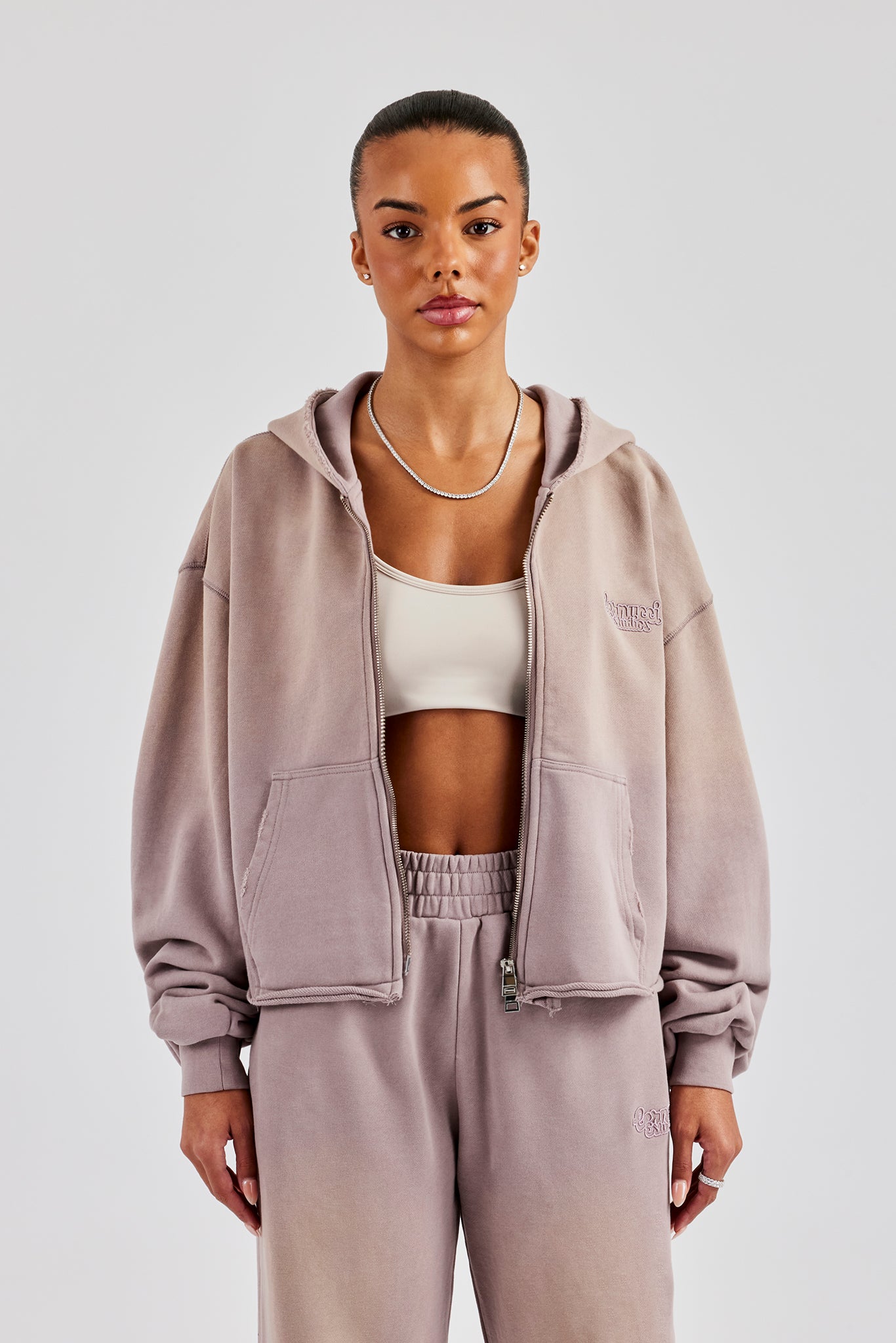 Washed Boxy Fit Zip Through Hoodie - Mauve | Womens Hoodies