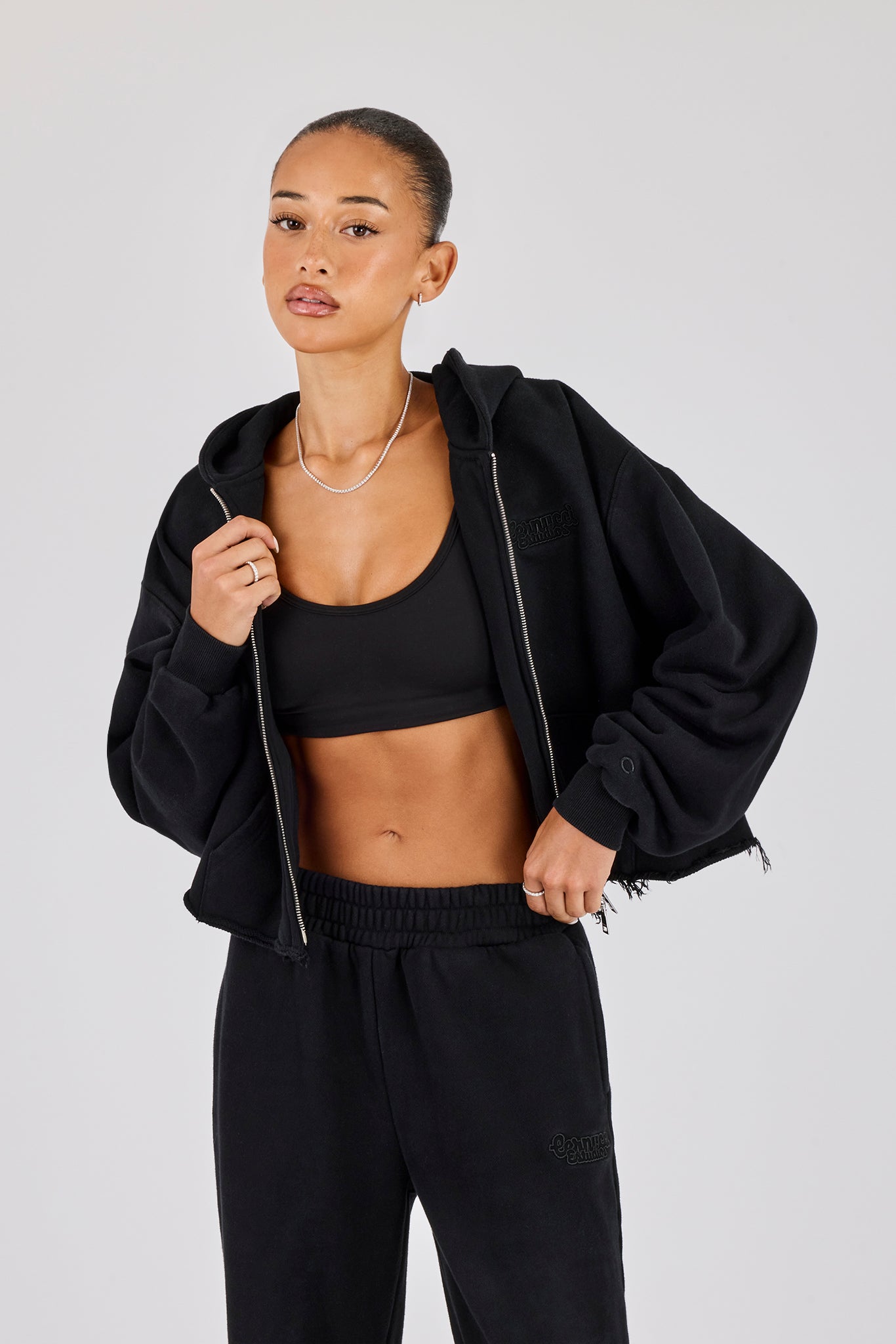 Womens Washed Boxy Fit Zip Through Hoodie - Black