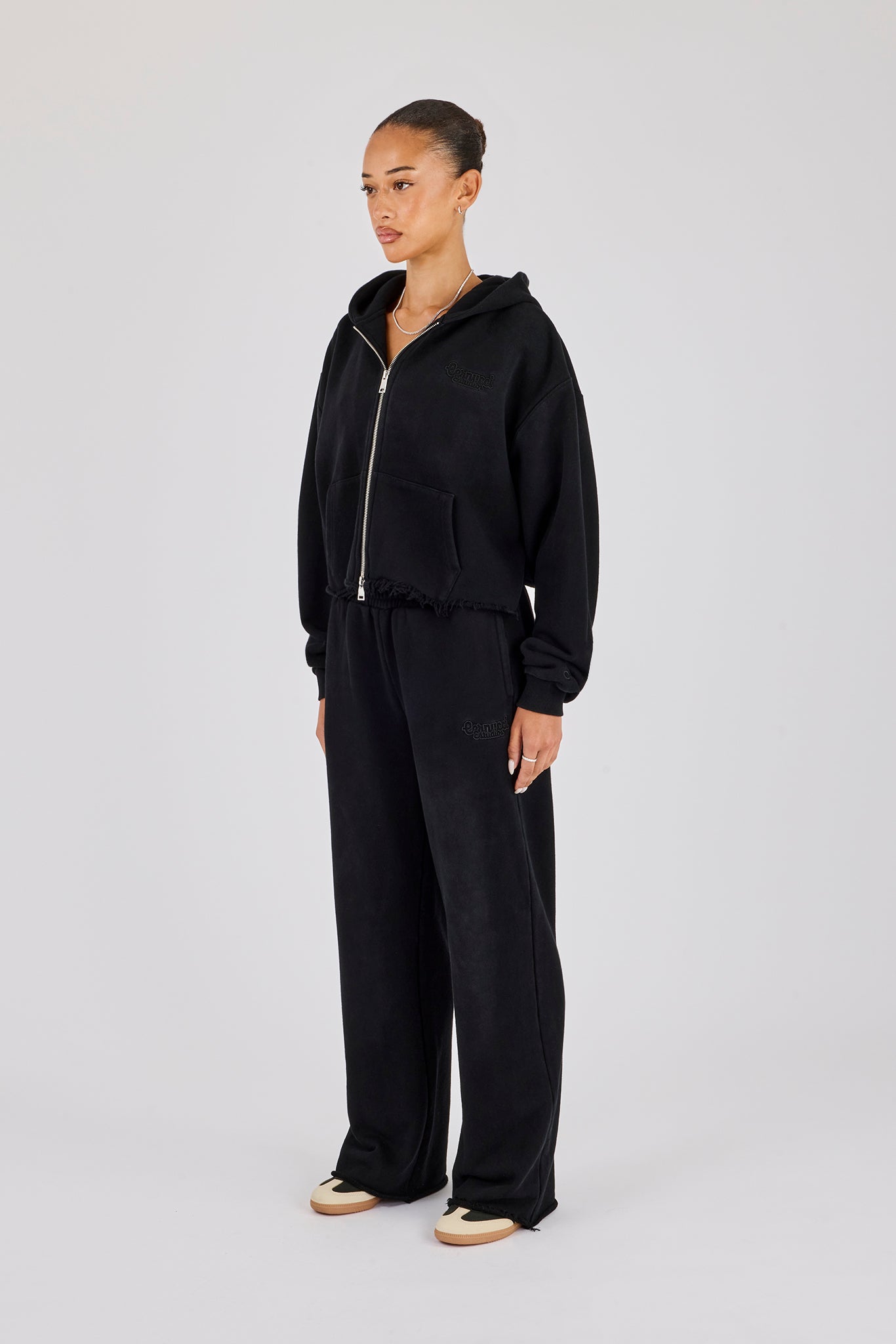 Womens Washed Boxy Fit Zip Through Hoodie & Wide Leg Jogger  - Black