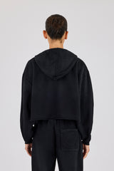 Damen-Kapuzenpullover mit Reißverschluss, kastenförmig geschnitten, gewaschen – Schwarz