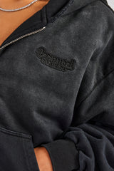 Verwaschener, kastiger Kapuzenpullover mit durchgehendem Reißverschluss - Schwarz